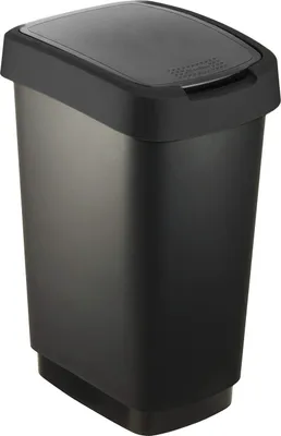 A black trash can with a swing lid.