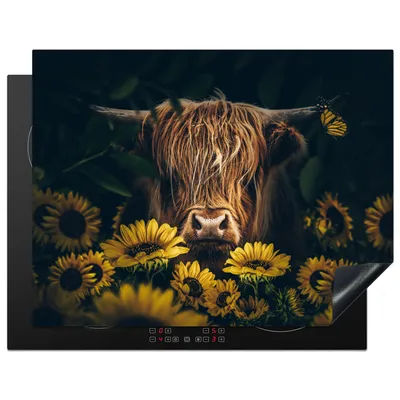 Produktbild von KitchenYeah© Herdabdeckplatte Schottische Highlander - Blumen - Kuh - Botanisch - Tiere , 77x59cm, Küche Deko, Glaskeramikkochfeld Herdabdeckung, Abdeckplatte fùr Kochfeld
