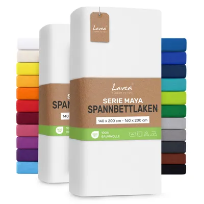 Zdjęcie produktu dla Lavea® Zestaw 2 sztuk, prześcieradła satynowe z gumką, 140/160x200 cm, 100% bawełna – Miękkie prześcieradła do materacy o wysokości do 20 cm – Białe