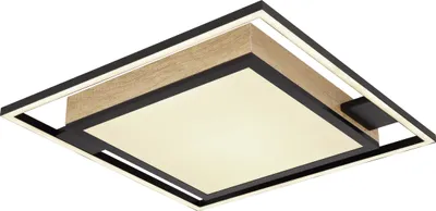 A square ceiling light with a black frame, a wood-effect insert, and a cream-colored light panel.