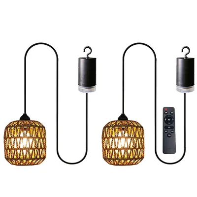 Produktbild von 2 Stück Kabellose Hängelampen aus Rattan-Geflecht,Batteriebetrieben mit Fernsteuerung,Retro Dekolampe für Terrasse, Restaurant & Zelt,Inkl. E27 LED-Birne