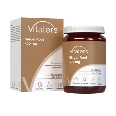 Produktbild von Vitaler’s Ingwerwurzel 500 mg, 60 vegane Kapseln, Zingiber officinale, 2 Monatsvorrat