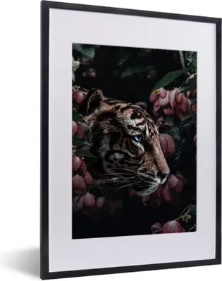 Produktbild von MuchoWow® MuchoWow® Gerahmtes Poster Tiger - Rosa - Blumen 30x40 cm - Poster mit zchwarzem Bilderrahmen - Wandposter Schlafzimmer