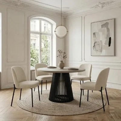 Produktbild von Runder Ausziehbarer Tisch für Esszimmer, DOVER - Industrial/Loft Still mit Lamellenbeine, Durchmesser: 100/150 cm, Farbe: Kaschmir / Schwarz
