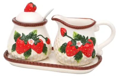 Image de Ensemble de 3 pièces : pot à sucre en forme de fraise, verseur à lait et soucoupe