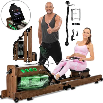 A man and a woman are shown with a rowing machine. The woman is using the machine, and the man is giving a thumbs up. There are also accessories for the machine shown.