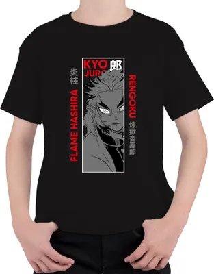 Immagine prodotto di Kyojuro Rengoku Flame Hashira Kimetsu no Yaiba Anime Gift Maglietta unisex per bambini, nero, 152