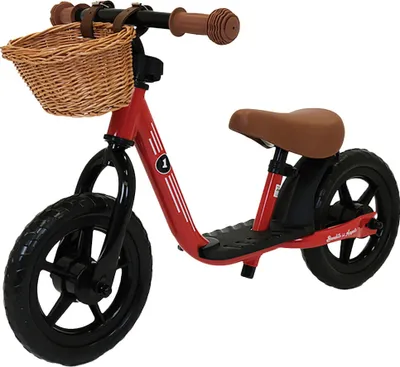 Produktbild von Bandits & Angels Laufrad aus Metall mit Weidenkorb rot ab 2 Jahren – rotes Lauflernrad – verstellbarer Sattel 29 bis 39 cm – für Jungen und Mädchen – niedriger Einstieg mit Trittbrett