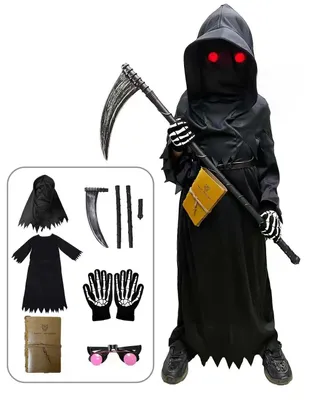Image de Costumes d'Halloween pour garçons : costume de Faucheur, ensemble pour enfants, costume de fantôme effrayant, déguisement pour cosplay, idées cadeaux pour une fête d'Halloween, taille 6-8 ans