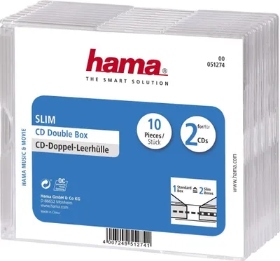 Zdjęcie produktu dla Hama CD Slim Double Jewel Case, pack 10, 2 dysków, Przezroczysty, 142 mm, 125 mm, 52 mm, 372 g