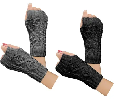 Produktbild von 2 Paar Damen Winter Warme Strickhandschuhe Fingerlos Handgehäkelt Daumenloch Armstulpen Fäustlinge