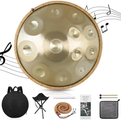 Produktbild von Handpan Drum, 12 Töne 22 Zoll Steel Instrument 440/432h Gold in D Minor Zungentrommel Mit Weicher Tasche, Schlägeln, Handtrommelständer für Anfänger, Profis, Musiktherapie (440Hz)