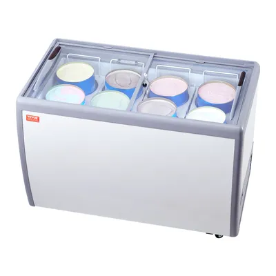 Produktbild von VEVOR Kommerzielle Eiscreme-Vitrine, 370 L Gefriertruhe, Mobiler Tiefkühlschrank mit Glasplatte, Restaurant-Gelato-Tauchschrank mit 8 Großen Behältern, 2 Glasschiebetüren, Feststellrollen, Weiß