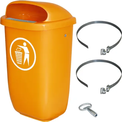 Produktbild von 50 Liter Abfallbehälter orange im Komplettset, Schellenband zur Pfahlbefestigung