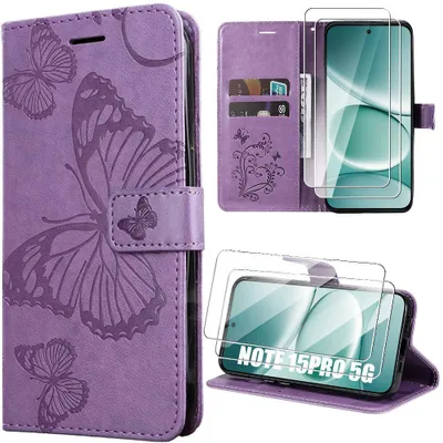 Image de Coque Synthécuir + 2 Verres Trempés pour Xiaomi Redmi Note 15 Pro 5G, Motif Papillon Violet