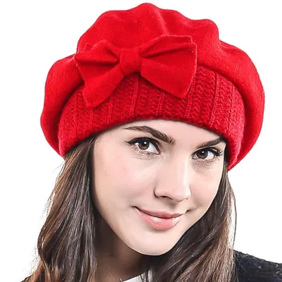 Zdjęcie produktu dla Czapka damska Barette, 100% wełna, beret, elegancka zimowa czapka, czerwona, model HY022
