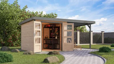 Produktbild von Karibu Gartenhaus Hybridhaus Metall Jupiter 3,5 im Set mit Anbaudach ca. 2,35 m breit naturbelassen 454,5x242,5x209 cm