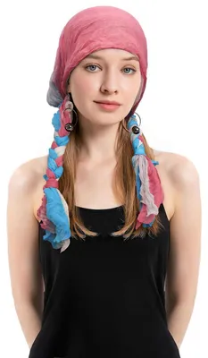 Zdjęcie produktu dla Czapka damska do chemioterapii, typu turban, z materiału przypominającego plecionkę, w kolorach różowym i niebieskim, wykonana w 100% z poliestru