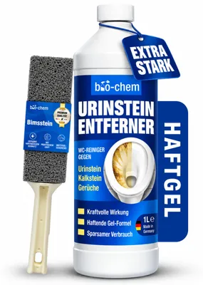 Produktbild von bio-chem Urinsteinentferner EXTRA STARK 1 L mit Bimsstein – Profi WC-Reiniger Gel gegen Urinstein, Kalk & braune Ablagerungen für Toilette & Urinal