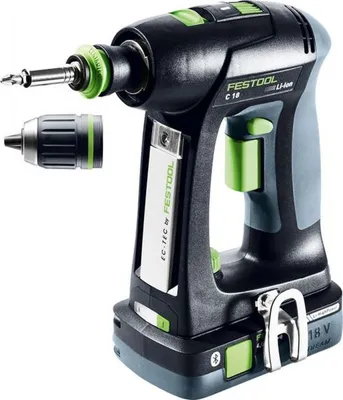 A cordless drill with an attached bit and a separate chuck accessory, shown against a white background.