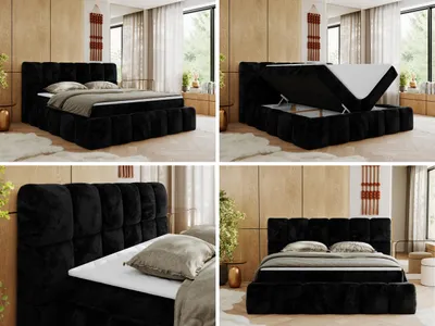 Produktbild von MKS MEBLE Boxspringbett, Doppelbett NIRA mit dekorativem Kopfteil, Multipocket-Matratze und Topper, Polsterbett mit Bettkästen - 200 x 200 cm - H3 - Schwarz Plüsch