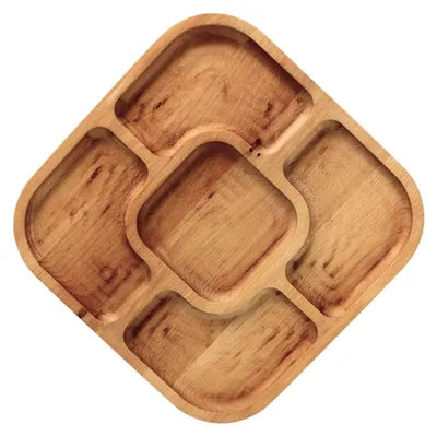 Produktbild von 28x28cm Servierplatte aus natürlichem Holz mit 5 geteilten Fächern, Servierteller von Vorspeisen, Käse und Snacks, Holzplatte Cheeseboard für Fleisch und Käse, Käseplatte, Cheese Board