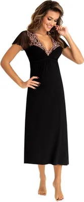 Produktbild von DONNA langes Negligee/Nachthemd mit edler Spitze, Lang Kurzarm Schwarz/Rosa, Gr. 38