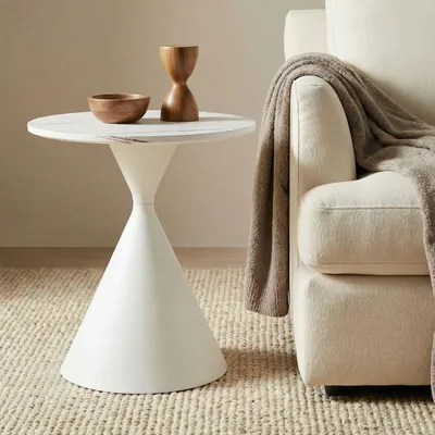 Produktbild von Beistelltisch ISOMA rund Ø50 cm, Weiß – moderner Wohnzimmertisch mit MDF-Holzdekor und stabilem Metallgestell mit Pulverbeschichtung ideal für Sofa oder Lounge