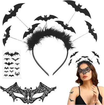 Immagine prodotto di Set di accessori di Halloween per donna - Tema vampiro - Fascia per capelli, maschera e adesivi tatuaggio - Accessori di carnevale