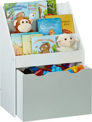 Produktbild von Relaxdays Kinderregal mit 3 Ablagefächern, Kiste mit Rollen, HBT: 70 x 50,5 x 28 cm, schmales Spielzeugregal, weiß/grau