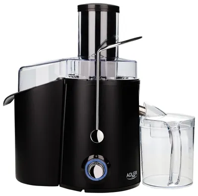 A black Adler juicer with a clear pulp container and juice pitcher, shown against a white background.