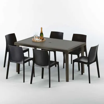 Produktbild von Polyrattan Tisch Rechteckig mit 6 Bunten Stühlen 150x90 Braun Focus