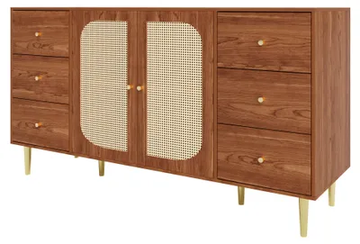 Image de Buffet rétro effet bois 2 portes en rotin et 6 tiroirs 160x40x90 cm