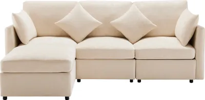 Immagine prodotto di Abrihome Divano angolare a L Divano a 3 posti-216x161x81 cm con poggiapiedi e 4 cuscini, ciniglia, beige