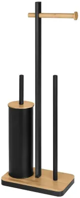 Image de Porte-papier toilette en bambou noir avec brosse et espace pour 4 rouleaux de rechange, 67,5 x 24,5 cm