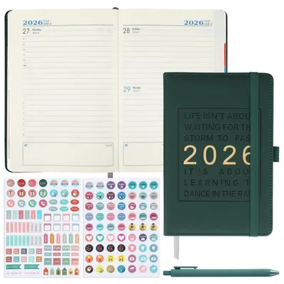 Produktbild von Terminplaner 2026 A5 Grün Kunstleder Hardcover mit Stift & Aufklebern