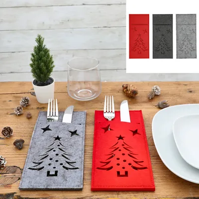Produktbild von 6 x Bestecktaschen aus Filz mit hübschem Tannenbaum-Motiv - 3 Farben sortiert - 24 x 11 cm (H/B) Besteckhalter Weihnachten - Bestecktasche Weihnachten