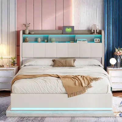 Produktbild von Doppelbett - Bett mit Stauraum - Schlafsofa - Bettgestell - Samtbett - 160x200 cm - LED-Beleuchtung und USB-Anschlüsse
