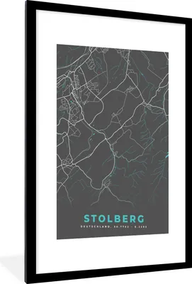 Produktbild von MuchoWow® Gerahmtes Poster Karte - Stolberg - Blau - Stadtplan - Deutschland 60x90 cm - Poster mit Schwarzem Bilderrahmen Wandposter Rahmen Foto Bilder - Dekoration - Wandposter Wohnzimmer - Hochwertig