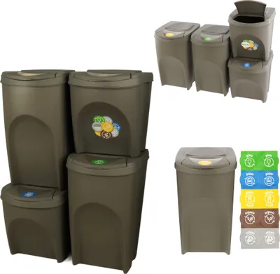 Obrázek produktu pro Sada 4 odpadkových košů 120 l Systém třídění odpadu - Sada odpadkových košů 2x35 l + 2x25 l v šedé barvě pro stohování Kompaktní modulární a lehké Jednoduché třídění odpadu z domácnosti Plastové provedení
