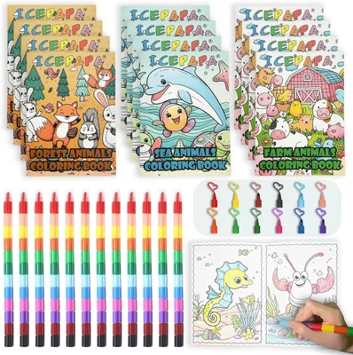 Imagen del producto de 12 mini libros para colorear para niños (animales del bosque, animales marinos, animales de la granja) con 12 lápices de colores (12 colores en 1)