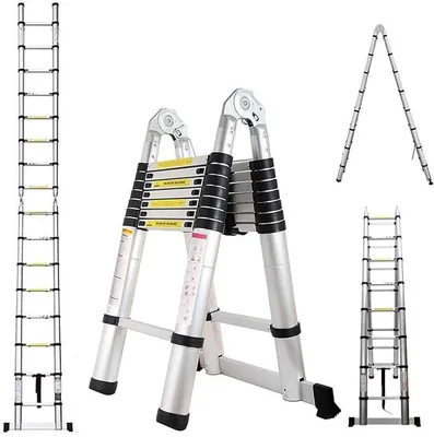 Imagen del producto de Escalera telescópica de 5 metros (2,5 + 2,5 m), plegable, de aluminio. Escalera extensible, de aluminio con superficie antideslizante. Escalera de pie, multiusos, de aluminio. Escalera telescópica extensible, con capacidad de carga de 150 kg