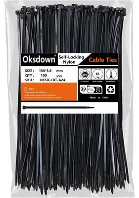 Obrázek produktu pro Černé stahovací pásky, 150 mm x 3,6 mm, nylon, 100 kusů, odolné vůči UV záření, pevnost v tahu 18,2 kg