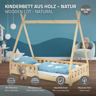 Produktbild von ml-design Kinderbett 80x160cm Kiefernholz Natur Tipi-Optik Hausbett inkl. Matratze Rausfallschutz Lattenrost 3-10 Jahre Standard 100 100kg
