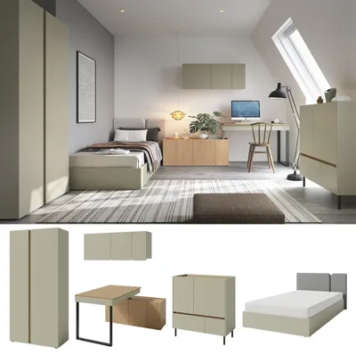 Produktbild von Jugendzimmer Kinderzimmer komplett Laris Set A Schrank Schreibtisch Kommode Bett 120x200 - Eukalyptus / Eiche Baltic Dune