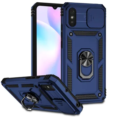 Immagine prodotto di Custodia per Xiaomi Redmi 9A a doppio strato con copertura scorrevole della fotocamera e supporto ad anello blu