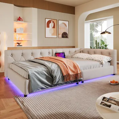 Image de Abrihome Canapé-lit 90x200cm avec sommier à lattes, lit de jour Lit d'enfant Lit d'adolescent avec Usb+Typ-c, Beige