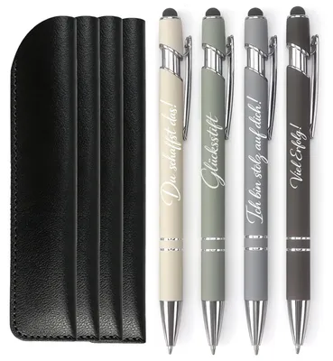 Imagen del producto de Set de 4 bolígrafos con mensajes motivadores, estuche incluido, ideal para la escuela y la oficina