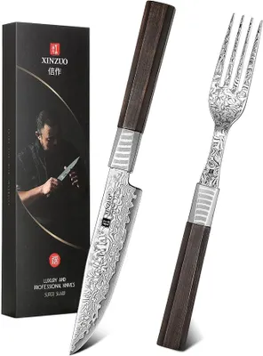 Imagen del producto de Juego de dos cubiertos para carne en acero damasco de 67 capas, con mango de ébano