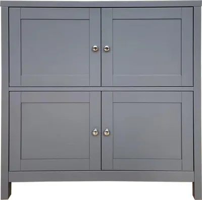 A front view of a gray cabinet with four doors and silver knobs, set against a white background.